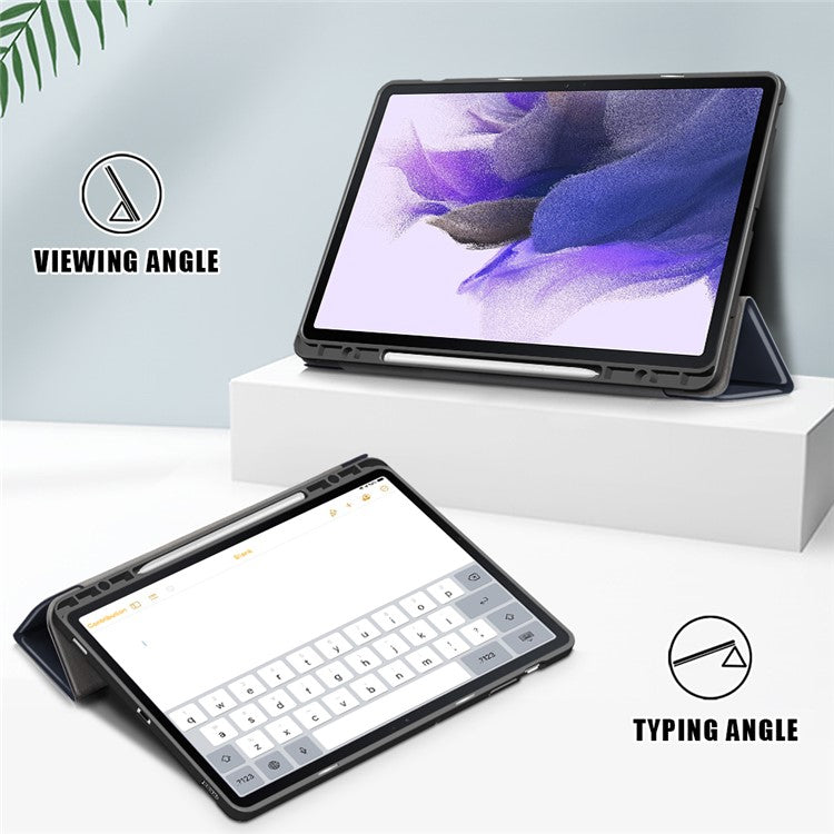 Tri-fold Stand Design TPU + PU Leather Cover with Pen Slot for Samsung Galaxy Tab S7 FE T736 / Tab S7+ / Tab S8+ - Dark Blue