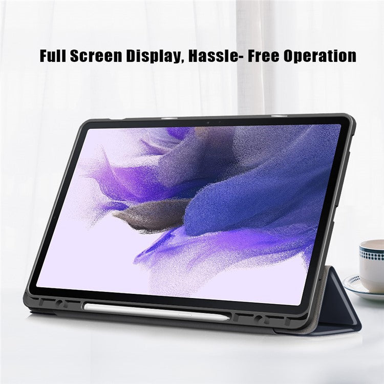 Tri-fold Stand Design TPU + PU Leather Cover with Pen Slot for Samsung Galaxy Tab S7 FE T736 / Tab S7+ / Tab S8+ - Dark Blue