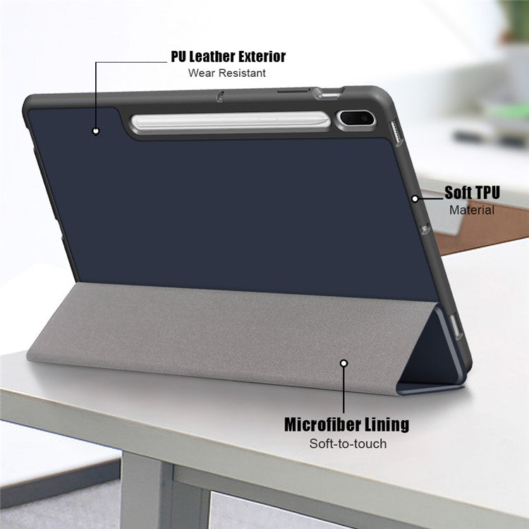 Tri-fold Stand Design TPU + PU Leather Cover with Pen Slot for Samsung Galaxy Tab S7 FE T736 / Tab S7+ / Tab S8+ - Dark Blue