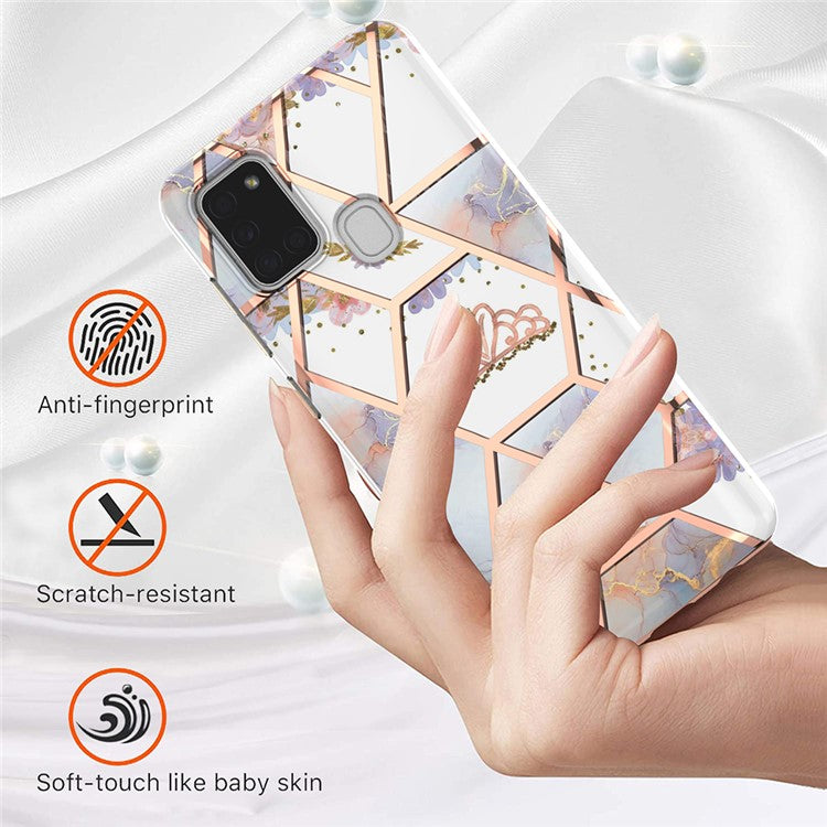 2.0mm IMD IML Electroplating Marble Flower Phone TPU Case for Samsung Galaxy A21s - Marble/Crown