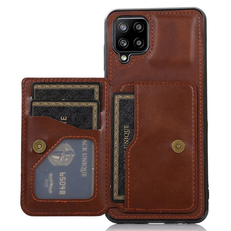 [Built-in Magnetic Metal Sheet] Protective Card Holders PU Leather PC TPU Hybrid Phone Case with Kickstand for Samsung Galaxy A12 - Coffee