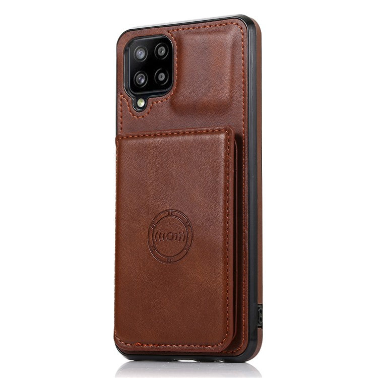 [Built-in Magnetic Metal Sheet] Protective Card Holders PU Leather PC TPU Hybrid Phone Case with Kickstand for Samsung Galaxy A12 - Coffee