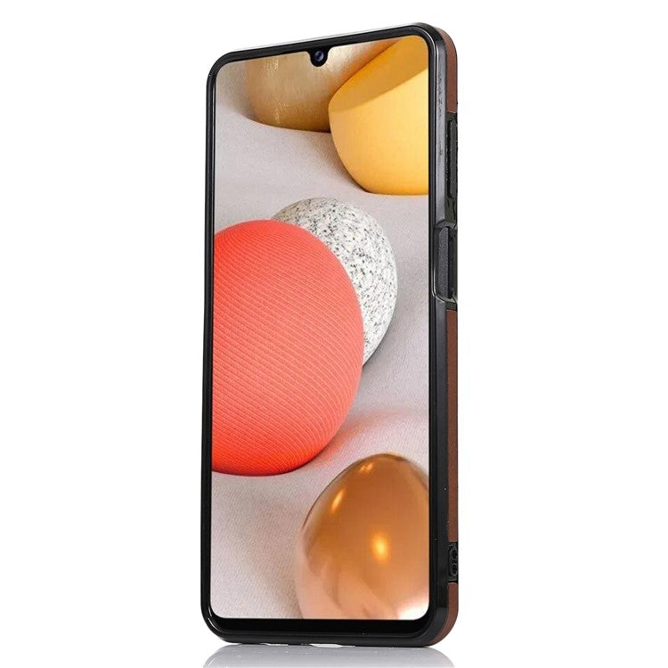 [Built-in Magnetic Metal Sheet] Protective Card Holders PU Leather PC TPU Hybrid Phone Case with Kickstand for Samsung Galaxy A12 - Coffee