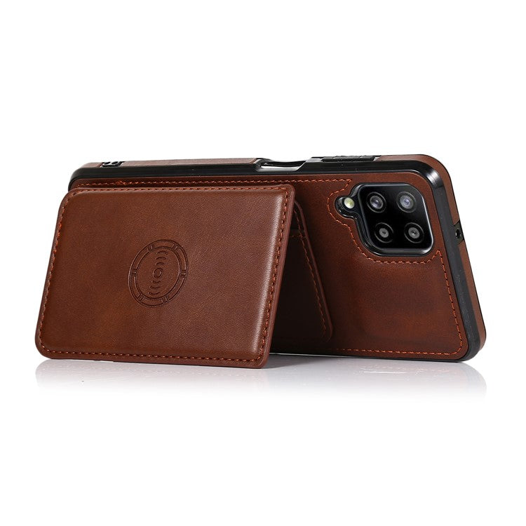 [Built-in Magnetic Metal Sheet] Protective Card Holders PU Leather PC TPU Hybrid Phone Case with Kickstand for Samsung Galaxy A12 - Coffee