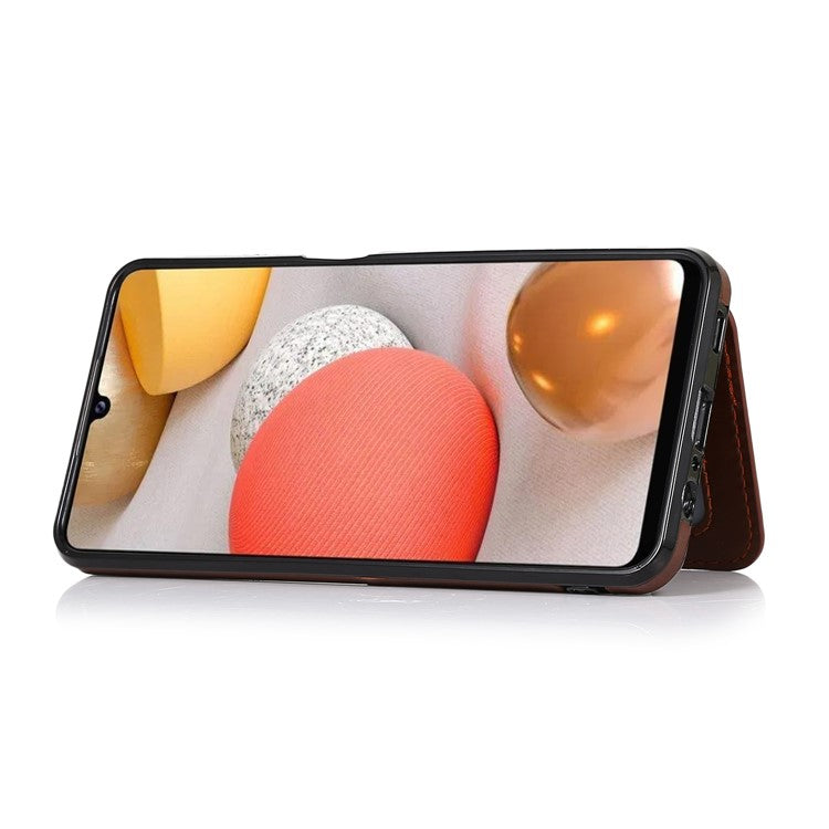 [Built-in Magnetic Metal Sheet] Protective Card Holders PU Leather PC TPU Hybrid Phone Case with Kickstand for Samsung Galaxy A12 - Coffee