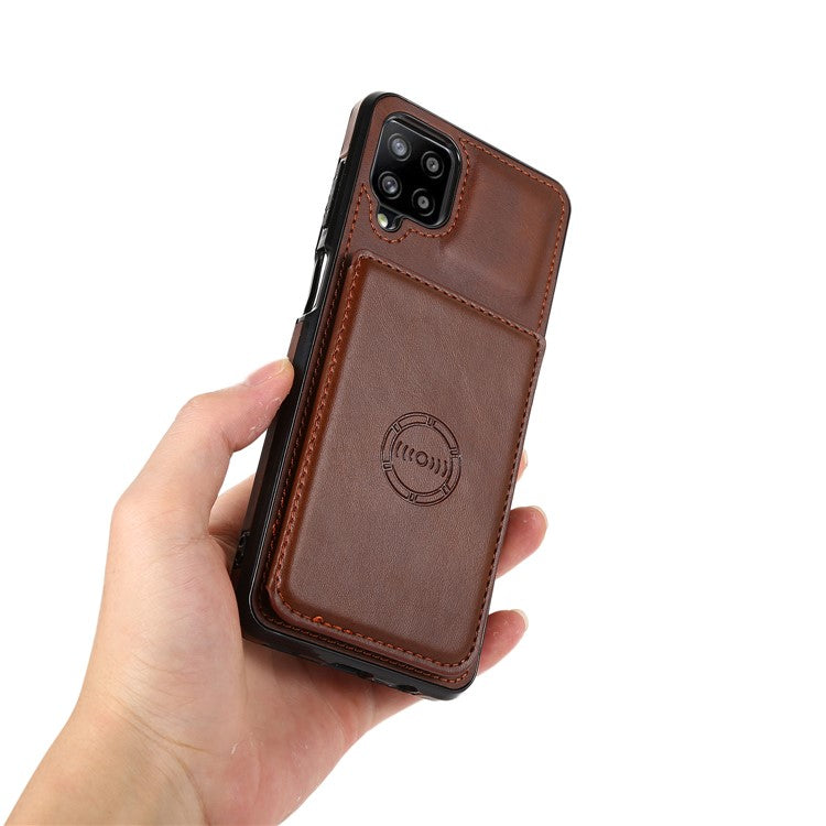 [Built-in Magnetic Metal Sheet] Protective Card Holders PU Leather PC TPU Hybrid Phone Case with Kickstand for Samsung Galaxy A12 - Coffee