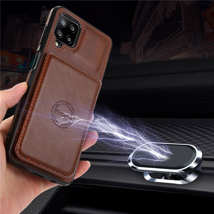 [Built-in Magnetic Metal Sheet] Protective Card Holders PU Leather PC TPU Hybrid Phone Case with Kickstand for Samsung Galaxy A12 - Coffee