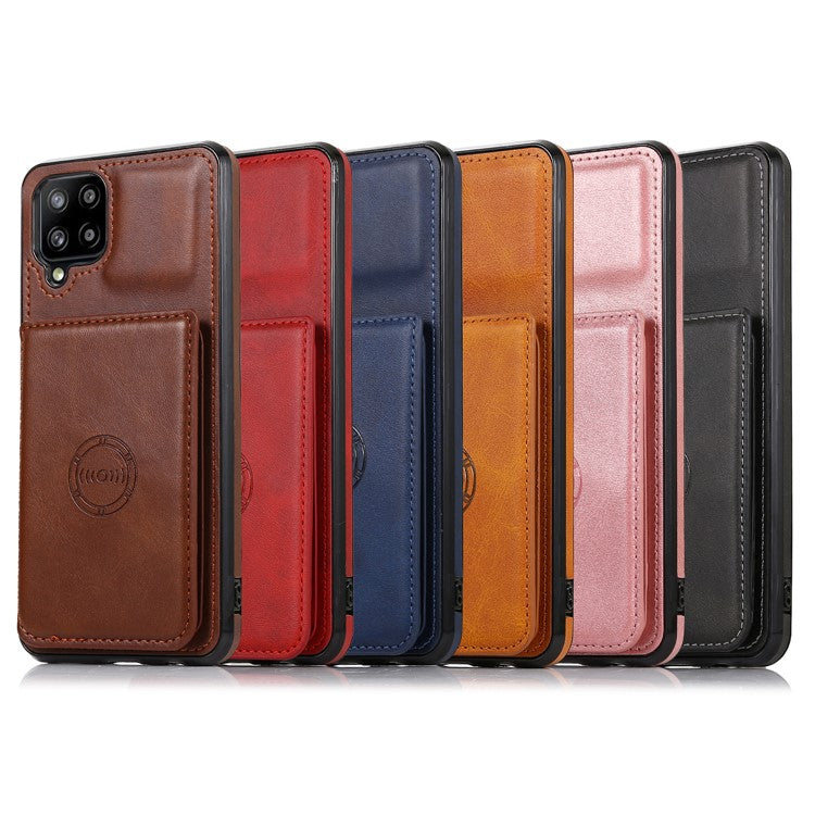[Built-in Magnetic Metal Sheet] Protective Card Holders PU Leather PC TPU Hybrid Phone Case with Kickstand for Samsung Galaxy A12 - Coffee