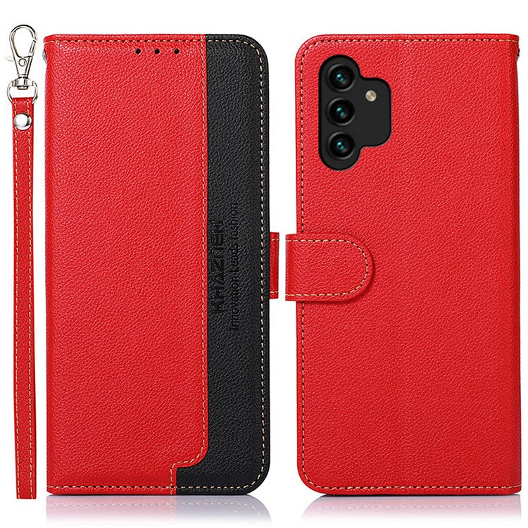 KHAZNEH  for Samsung Galaxy A13 4G Litchi Texture Leather RFID Blocking Wallet Case Flip Folio Book Stand Shockproof Cover with Strap - Red