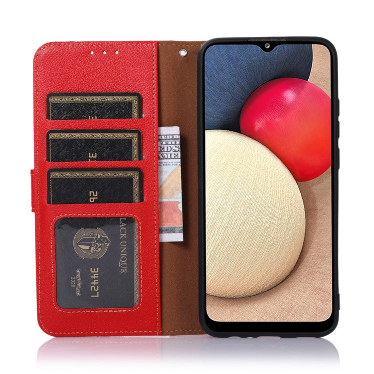 KHAZNEH  for Samsung Galaxy A13 4G Litchi Texture Leather RFID Blocking Wallet Case Flip Folio Book Stand Shockproof Cover with Strap - Red
