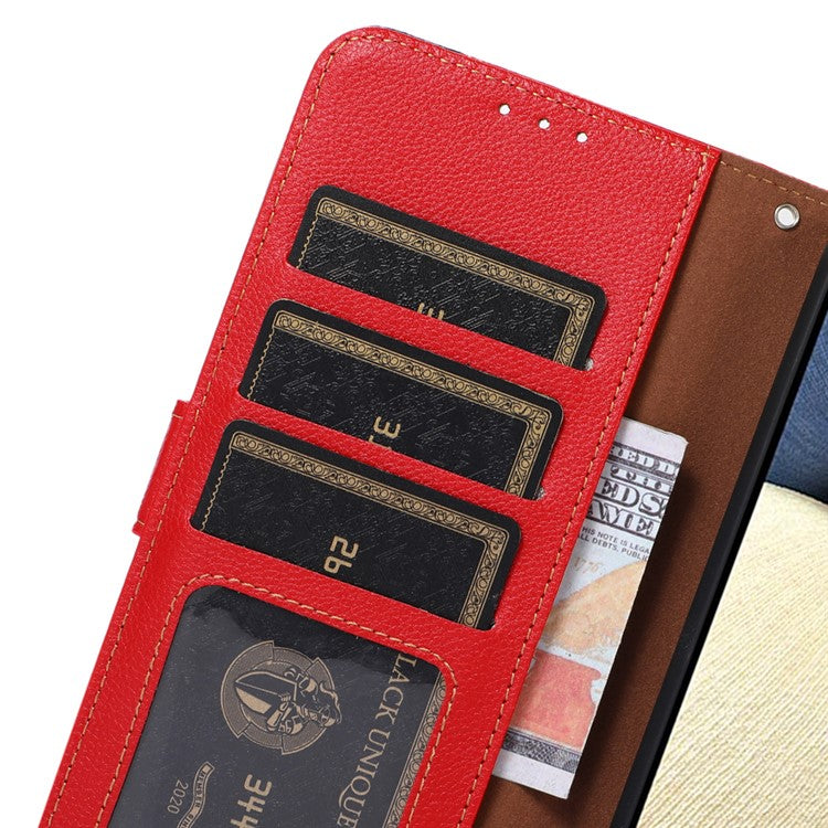 KHAZNEH  for Samsung Galaxy A13 4G Litchi Texture Leather RFID Blocking Wallet Case Flip Folio Book Stand Shockproof Cover with Strap - Red