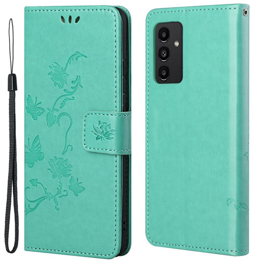 For Samsung Galaxy A13 4G Imprinted Butterflies Flower Anti-fall PU Leather Wallet Function Phone Case Stand Shell - Cyan