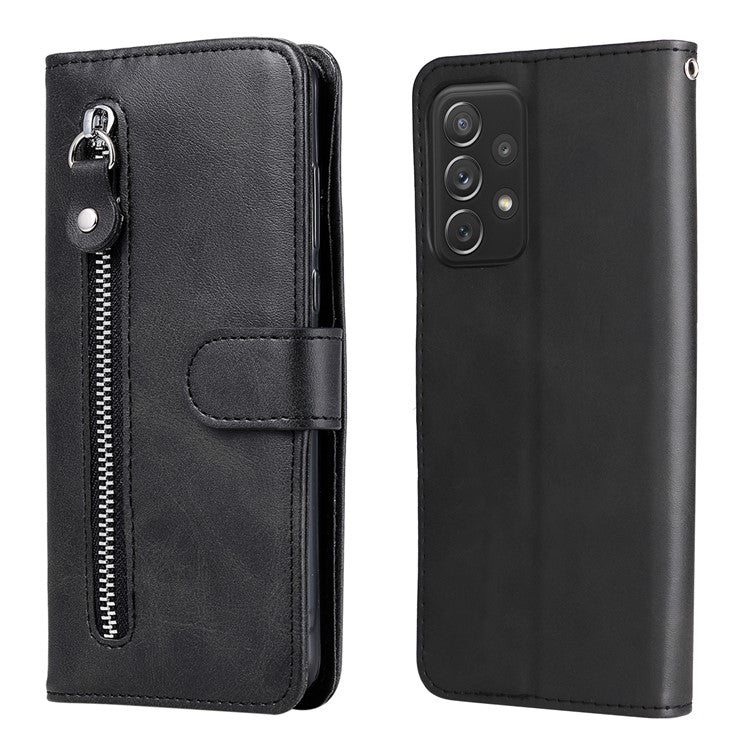 Zippered Pocket Design PU Leather Phone Case Coin Holder Wallet Stand Folding Case for Samsung Galaxy A73 5G - Black