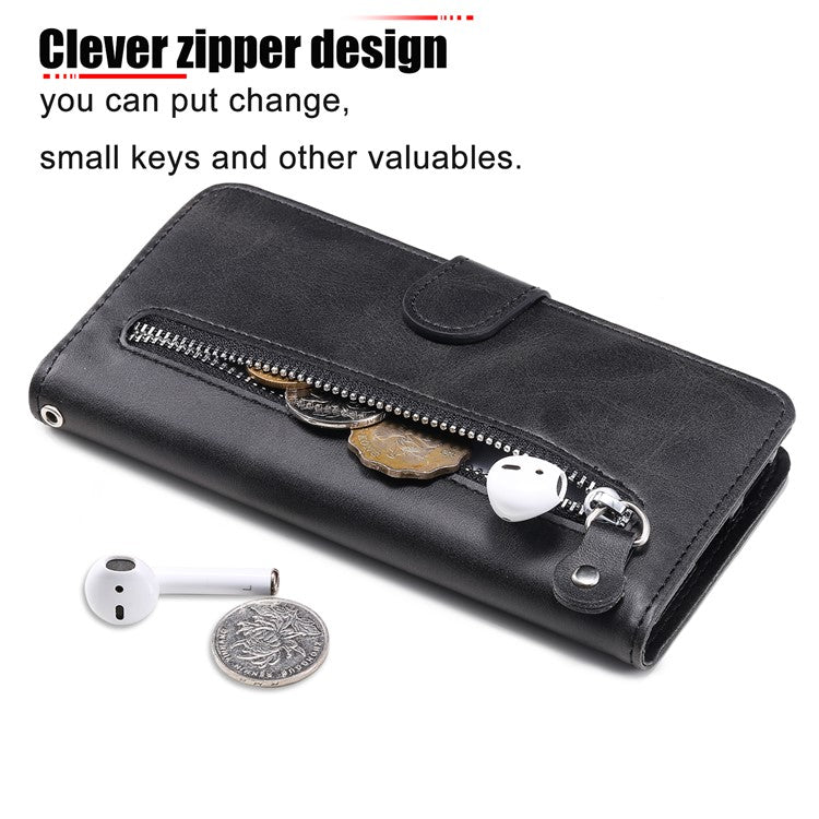 Zippered Pocket Design PU Leather Phone Case Coin Holder Wallet Stand Folding Case for Samsung Galaxy A73 5G - Black
