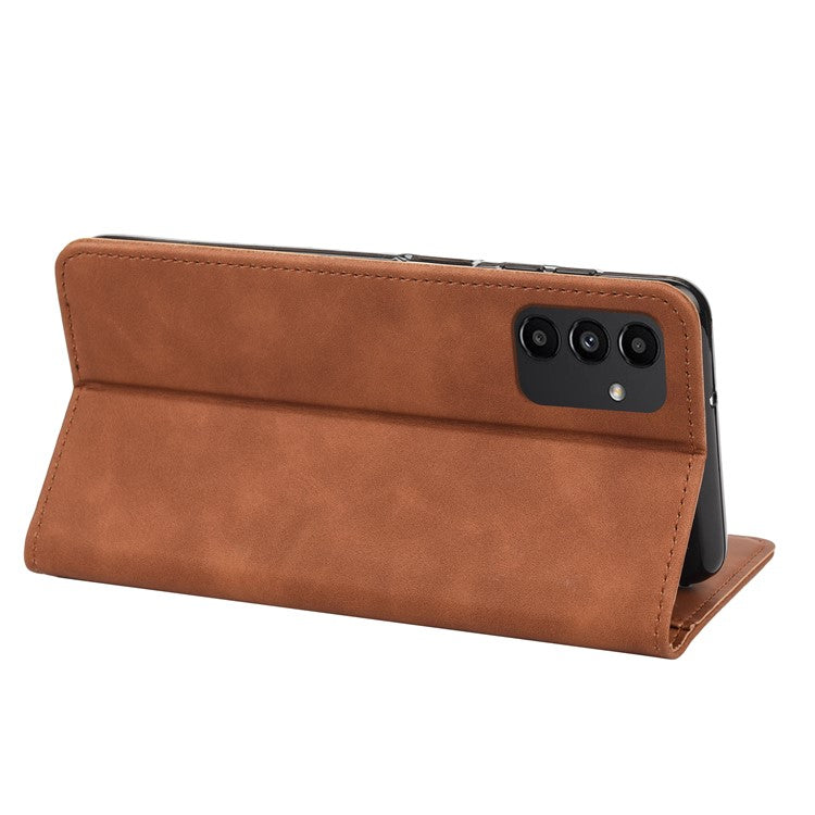 For Samsung Galaxy A13 4G Shockproof Splicing PU Leather Case Wallet Stand Skin-touch Phone Cover - Brown
