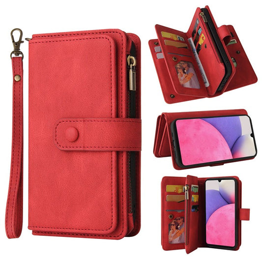 For Samsung Galaxy A53 5G Skin-touch Feeling KT Multi-functional Series-2 Multiple Card Slots PU Leather Zippered Pocket Phone Case Wallet Stand Cover - Red