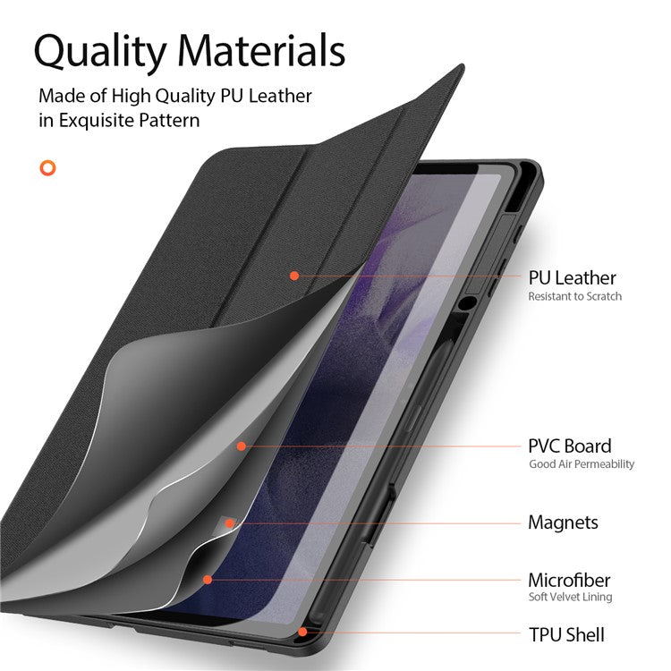 DUX DUCIS DOMO Series for Samsung Galaxy Tab S7+ / S8+ / S7 FE Tri-fold Stand PU Leather + TPU Auto Sleep / Wake Tablet Case Cover with Pen Slot - Black