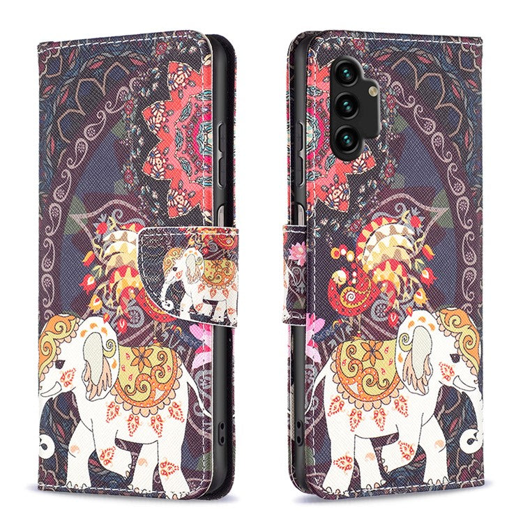 For Samsung Galaxy A13 4G / A13 5G / A04 4G (164.4 x 76.3 x 9.1 mm) Stand Wallet Pattern Cover PU Leather Phone Case - Flower and Elephant