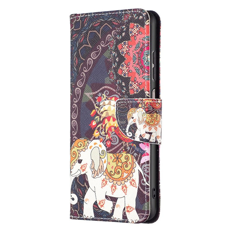 For Samsung Galaxy A13 4G / A13 5G / A04 4G (164.4 x 76.3 x 9.1 mm) Stand Wallet Pattern Cover PU Leather Phone Case - Flower and Elephant