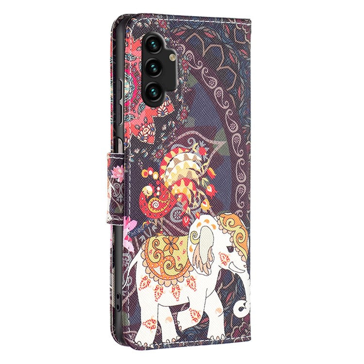 For Samsung Galaxy A13 4G / A13 5G / A04 4G (164.4 x 76.3 x 9.1 mm) Stand Wallet Pattern Cover PU Leather Phone Case - Flower and Elephant