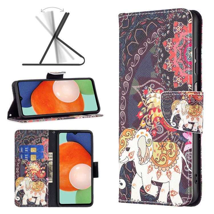 For Samsung Galaxy A13 4G / A13 5G / A04 4G (164.4 x 76.3 x 9.1 mm) Stand Wallet Pattern Cover PU Leather Phone Case - Flower and Elephant