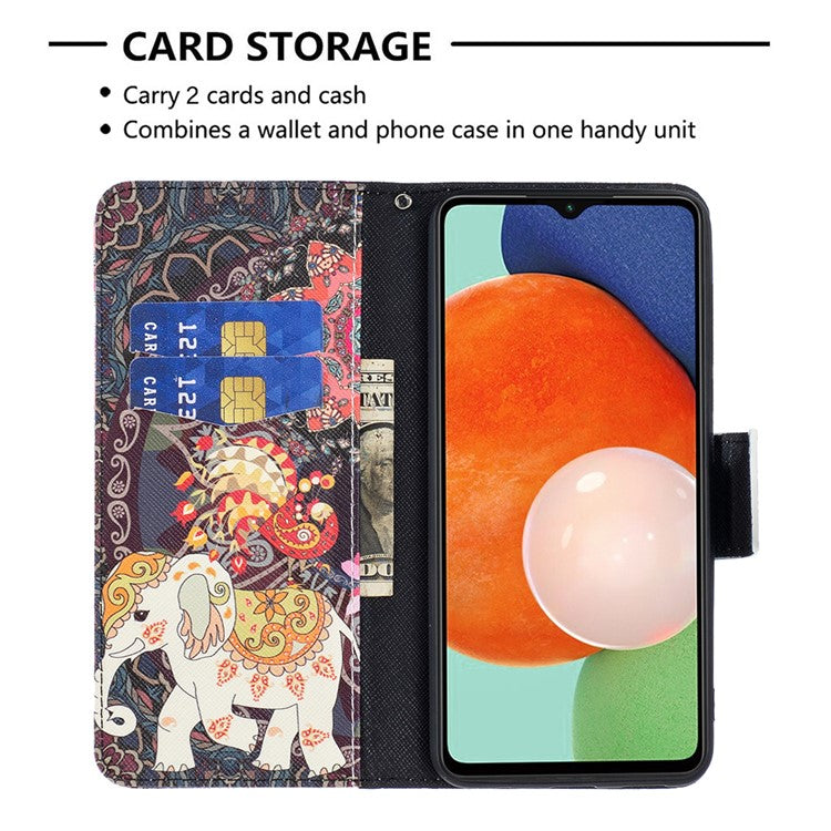 For Samsung Galaxy A13 4G / A13 5G / A04 4G (164.4 x 76.3 x 9.1 mm) Stand Wallet Pattern Cover PU Leather Phone Case - Flower and Elephant
