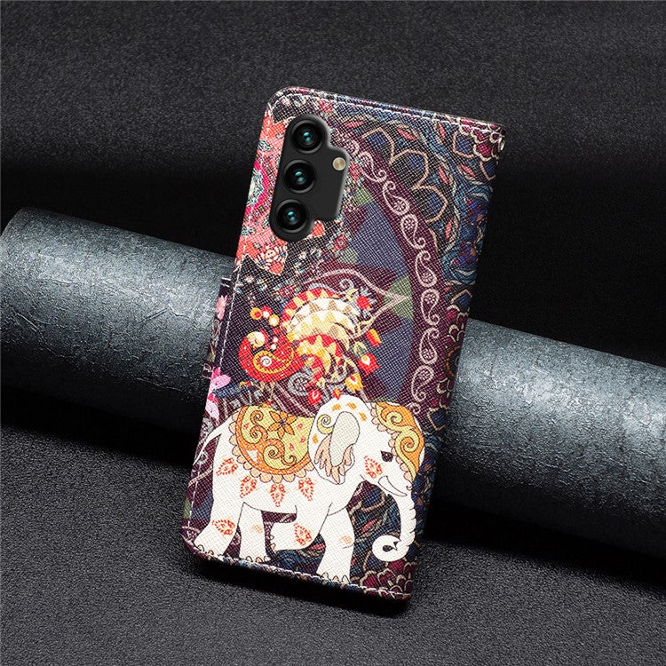 For Samsung Galaxy A13 4G / A13 5G / A04 4G (164.4 x 76.3 x 9.1 mm) Stand Wallet Pattern Cover PU Leather Phone Case - Flower and Elephant