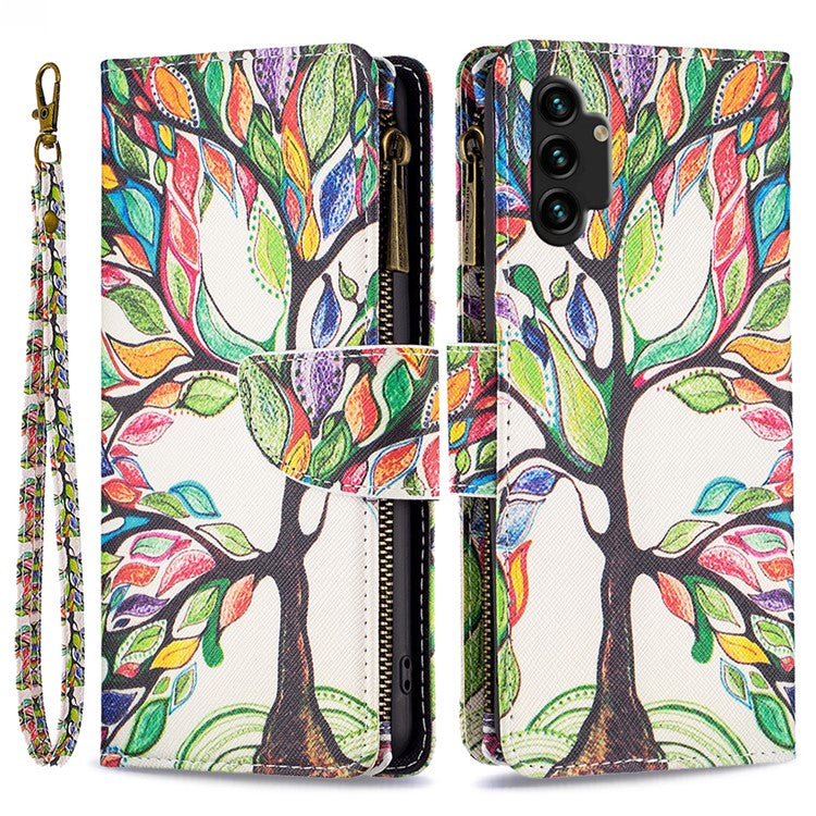 BF03 Pattern Printing Phone Case for Samsung Galaxy A13 4G / A13 5G / A04 4G (164.4 x 76.3 x 9.1 mm), PU Leather Zipper Flip Folio Wallet Stand Protective Cover with Strap - Life Tree