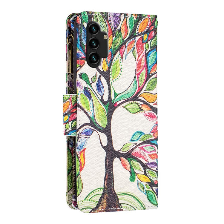 BF03 Pattern Printing Phone Case for Samsung Galaxy A13 4G / A13 5G / A04 4G (164.4 x 76.3 x 9.1 mm), PU Leather Zipper Flip Folio Wallet Stand Protective Cover with Strap - Life Tree