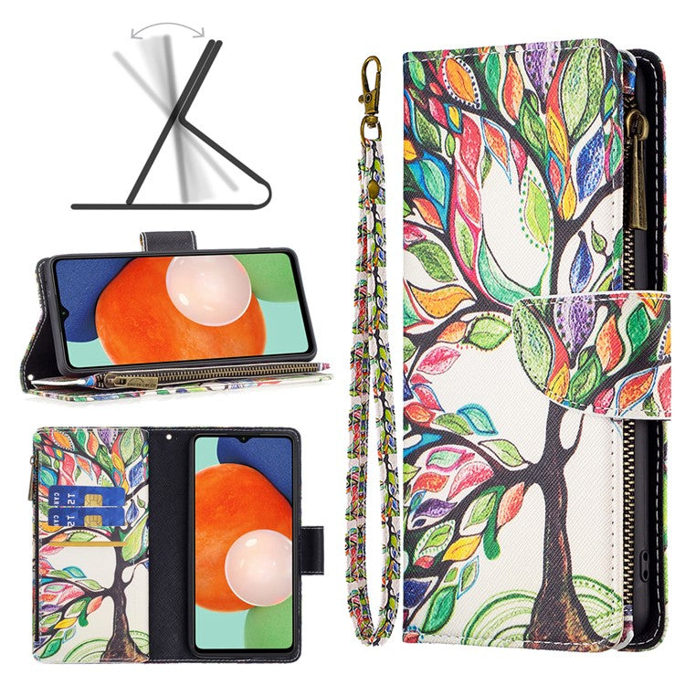 BF03 Pattern Printing Phone Case for Samsung Galaxy A13 4G / A13 5G / A04 4G (164.4 x 76.3 x 9.1 mm), PU Leather Zipper Flip Folio Wallet Stand Protective Cover with Strap - Life Tree
