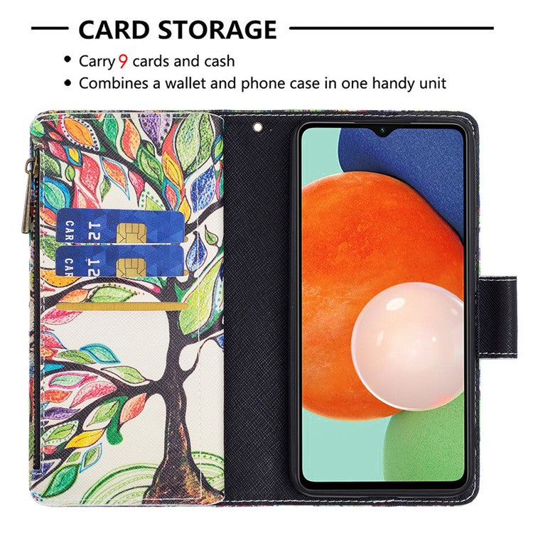 BF03 Pattern Printing Phone Case for Samsung Galaxy A13 4G / A13 5G / A04 4G (164.4 x 76.3 x 9.1 mm), PU Leather Zipper Flip Folio Wallet Stand Protective Cover with Strap - Life Tree