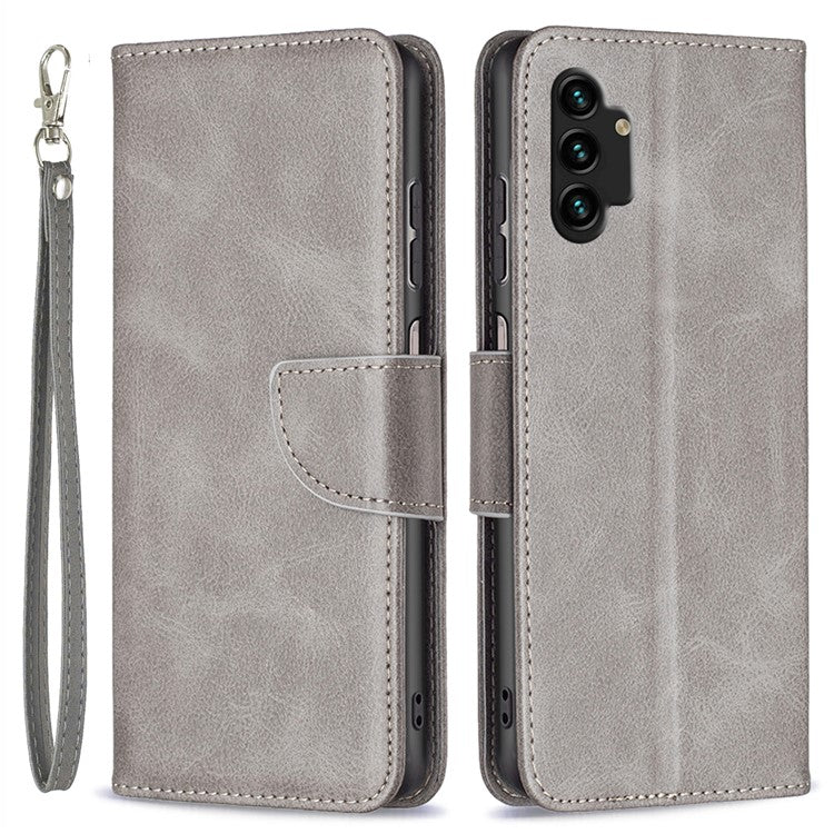For Samsung Galaxy A13 4G / A13 5G / A04 4G (164.4 x 76.3 x 9.1 mm) Textured PU Leather Folio Flip Cover Stand Magnetic Phone Case with Strap - Grey