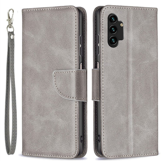 For Samsung Galaxy A13 4G / A13 5G / A04 4G (164.4 x 76.3 x 9.1 mm) Textured PU Leather Folio Flip Cover Stand Magnetic Phone Case with Strap - Grey