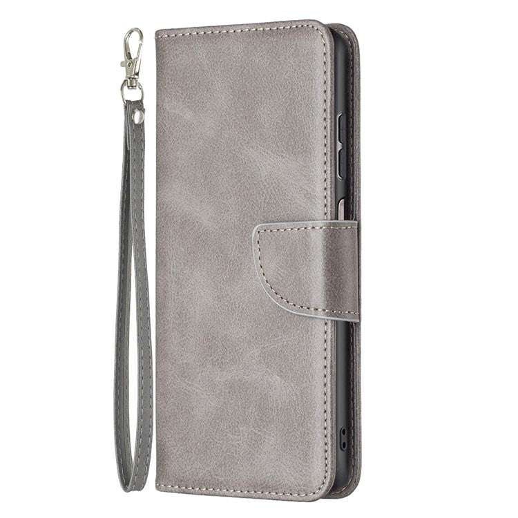 For Samsung Galaxy A13 4G / A13 5G / A04 4G (164.4 x 76.3 x 9.1 mm) Textured PU Leather Folio Flip Cover Stand Magnetic Phone Case with Strap - Grey