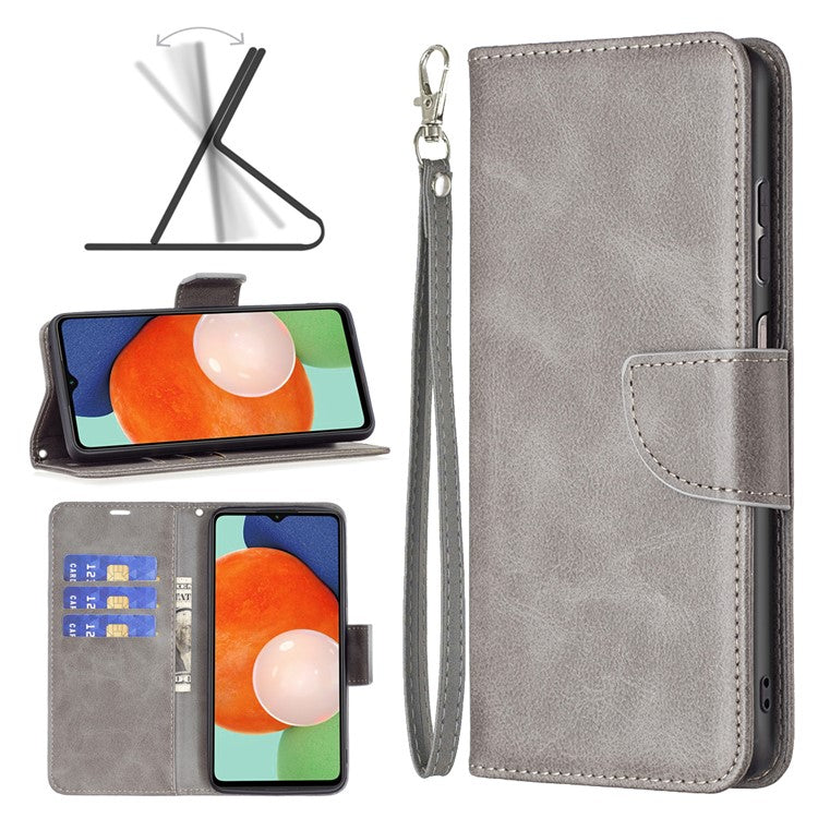 For Samsung Galaxy A13 4G / A13 5G / A04 4G (164.4 x 76.3 x 9.1 mm) Textured PU Leather Folio Flip Cover Stand Magnetic Phone Case with Strap - Grey