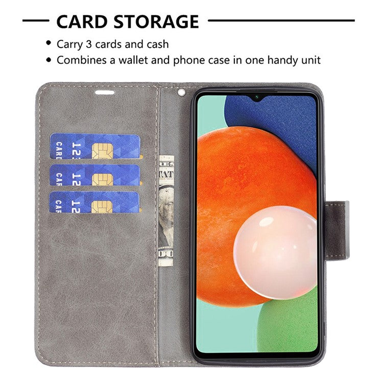 For Samsung Galaxy A13 4G / A13 5G / A04 4G (164.4 x 76.3 x 9.1 mm) Textured PU Leather Folio Flip Cover Stand Magnetic Phone Case with Strap - Grey