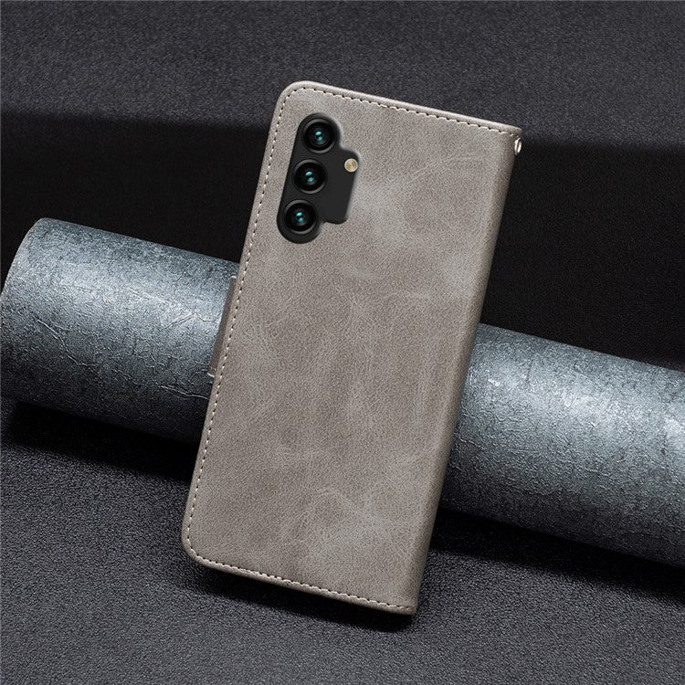 For Samsung Galaxy A13 4G / A13 5G / A04 4G (164.4 x 76.3 x 9.1 mm) Textured PU Leather Folio Flip Cover Stand Magnetic Phone Case with Strap - Grey