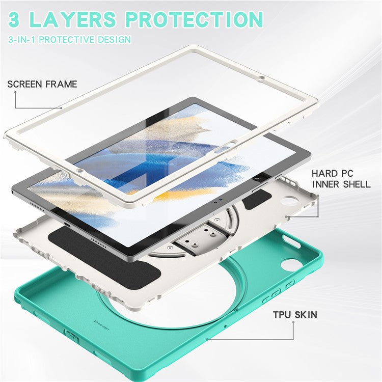 For Samsung Galaxy Tab A8 10.5 (2021) / A8 10.5 (2022) X200 / X205 PC + Silicone Tablet Case Rotary Kickstand Hand Strap Protective Cover - Mint Green
