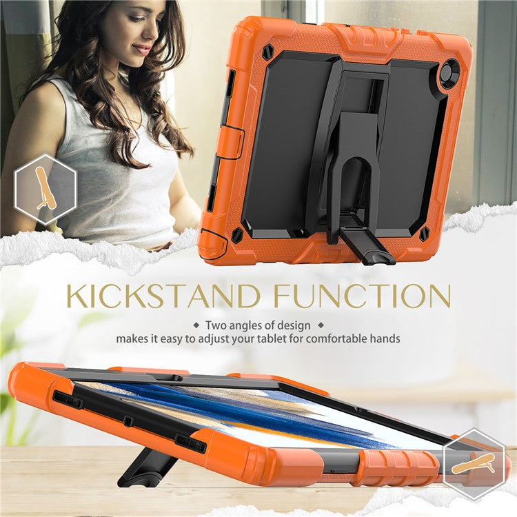 For Samsung Galaxy Tab A8 10.5 (2021) / A8 10.5 (2022) X200 / X205 Kickstand Design Thickened PC + Silicone Drop-resistant Tablet Case Shell with Shoulder Strap - Orange