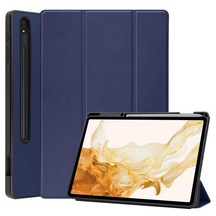 For Samsung Galaxy Tab S8+ Anti-scratch Shockproof TPU+PU Leather Trifold Stand Auto Sleep/Wake Design Tablet Cover with Pencil Holder - Dark Blue