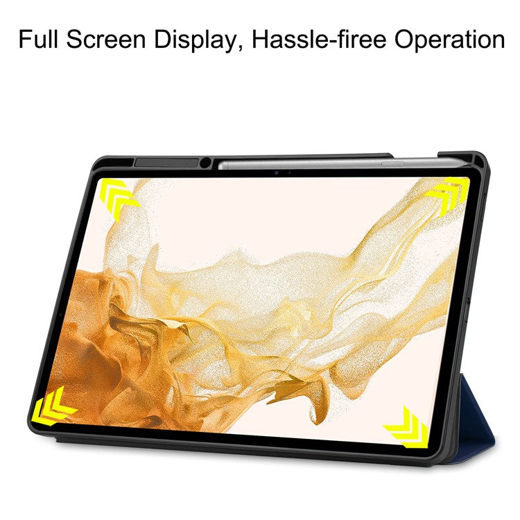 For Samsung Galaxy Tab S8+ Anti-scratch Shockproof TPU+PU Leather Trifold Stand Auto Sleep/Wake Design Tablet Cover with Pencil Holder - Dark Blue