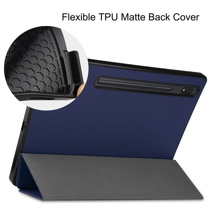 For Samsung Galaxy Tab S8+ Anti-scratch Shockproof TPU+PU Leather Trifold Stand Auto Sleep/Wake Design Tablet Cover with Pencil Holder - Dark Blue