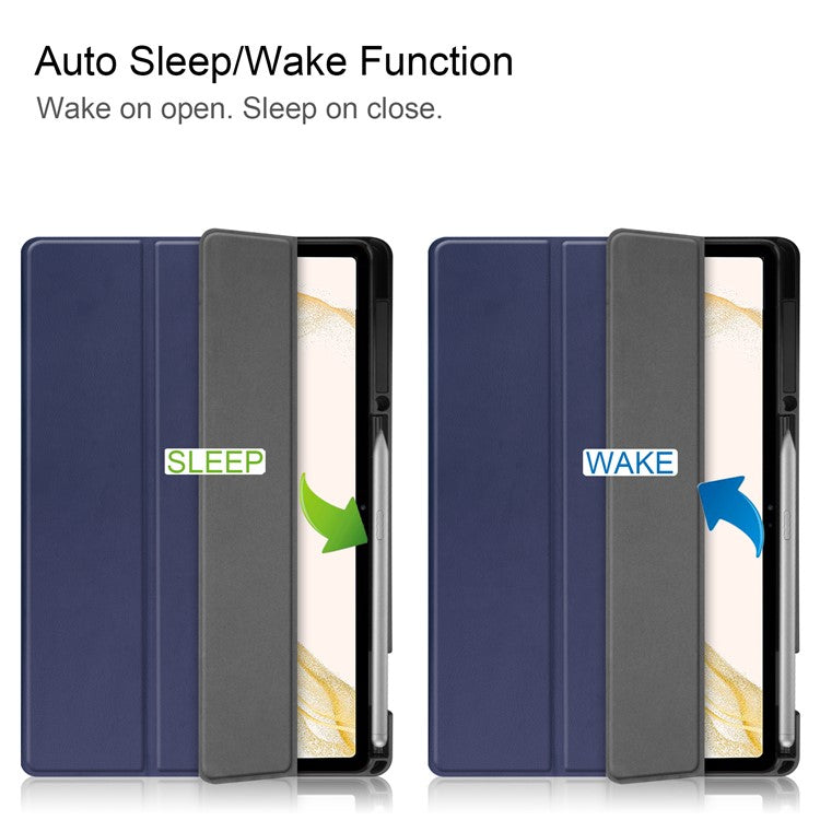 For Samsung Galaxy Tab S8+ Anti-scratch Shockproof TPU+PU Leather Trifold Stand Auto Sleep/Wake Design Tablet Cover with Pencil Holder - Dark Blue