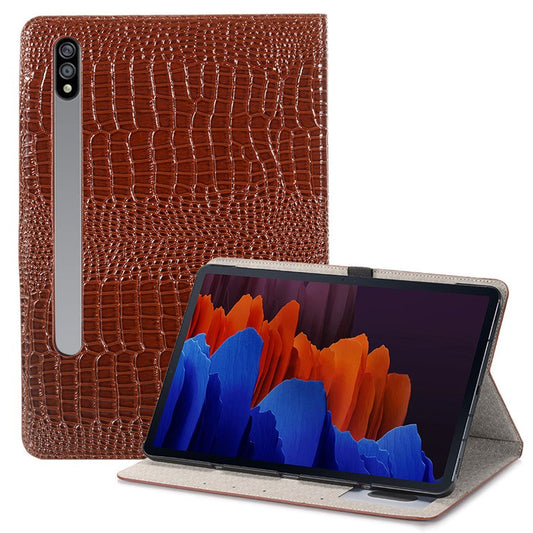 For Samsung Galaxy Tab S7+ / S8+ / S7 FE 12.4 inch Protective Case Crocodile Texture Folio Flip Cover Anti-Scratch Shockproof Tablet Case with Stand / Wallet Support Auto Wake / Sleep - Brown