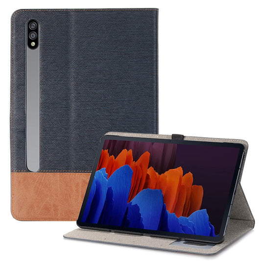 For Samsung Galaxy Tab S7+ / S8+ / S7 FE 12.4 inch Cross Texture Shockproof Folio Flip Cover Scratch Resistant Protective Tablet Stand Wallet Case with Auto Wake / Sleep Function - Dark Blue