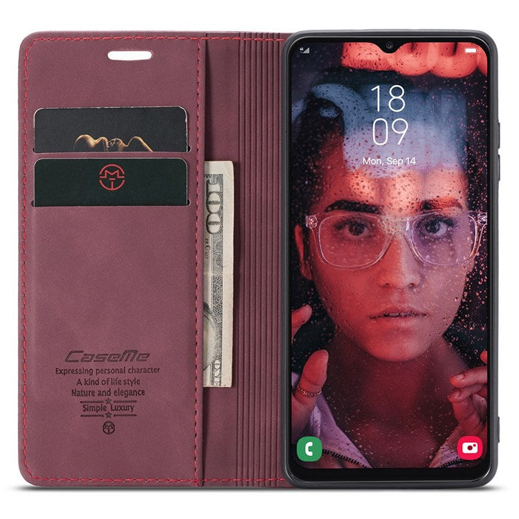 CASEME 013 Series Cell Phone Case Bag for Samsung Galaxy A13 4G, PU Leather Wallet Magnetic Design Card Slots Stand Phone Cover - Red