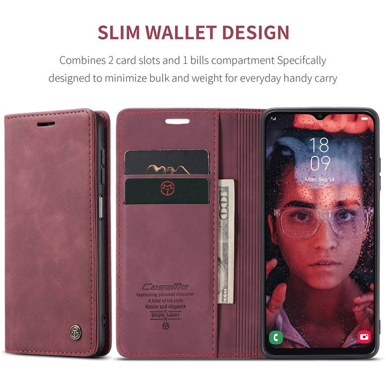 CASEME 013 Series Cell Phone Case Bag for Samsung Galaxy A13 4G, PU Leather Wallet Magnetic Design Card Slots Stand Phone Cover - Red