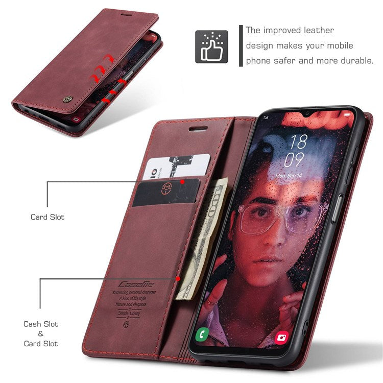 CASEME 013 Series Cell Phone Case Bag for Samsung Galaxy A13 4G, PU Leather Wallet Magnetic Design Card Slots Stand Phone Cover - Red