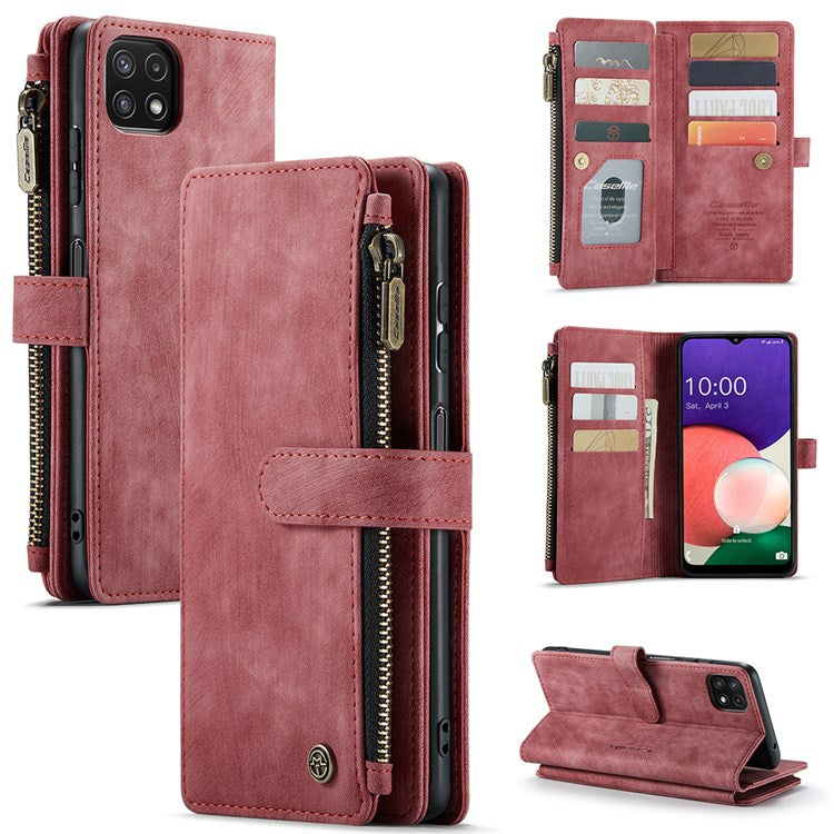 CASEME C30 Series for Samsung Galaxy A22 5G (EU Version) Supporting Stand Design Anti-collision PU Leather Phone Case Zipper Pocket Wallet Phone Cover - Red