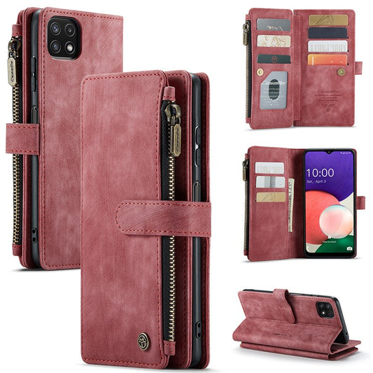 CASEME C30 Series for Samsung Galaxy A22 5G (EU Version) Supporting Stand Design Anti-collision PU Leather Phone Case Zipper Pocket Wallet Phone Cover - Red
